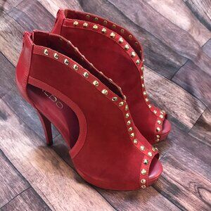 Red hot Platform Heels, Gold Embellished, Suede Leather, Christmas Dress